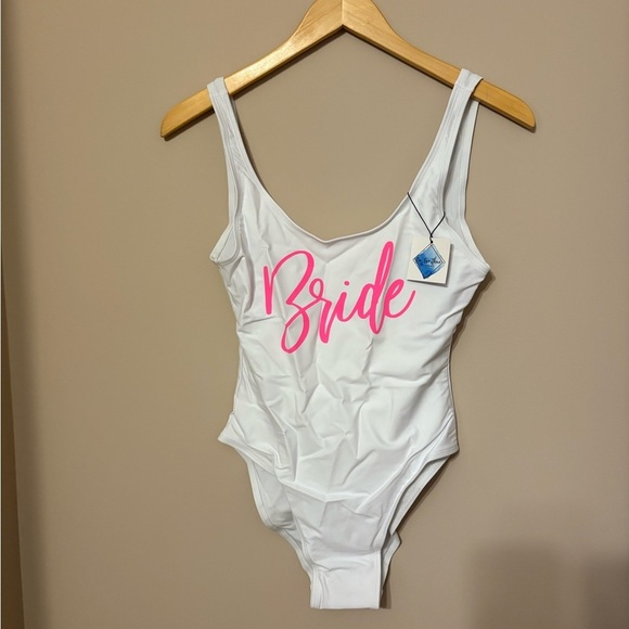 Bride One Piece Swimsuit White Pink Lettering Women's Size S - Picture 3 of 5